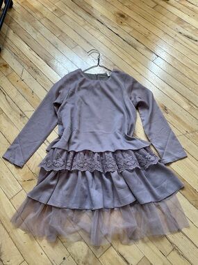 Girls' Long-Sleeve Layered Tulle Dress in Mauve